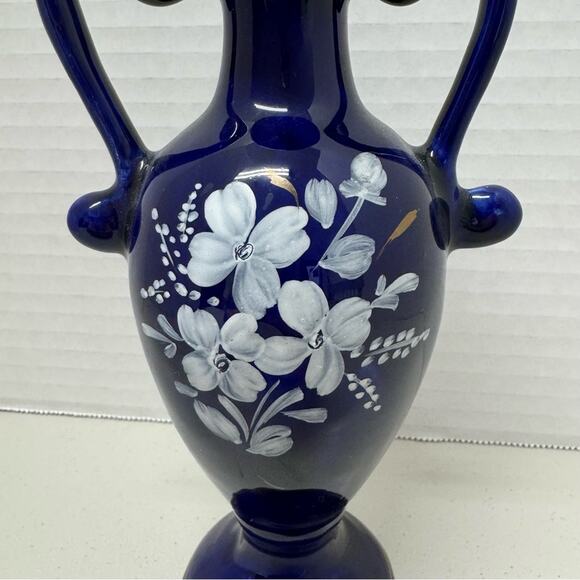 Vintage Blue Hand Painted Floral Vase Small With Handles Unmarked - Picture 4 of 6